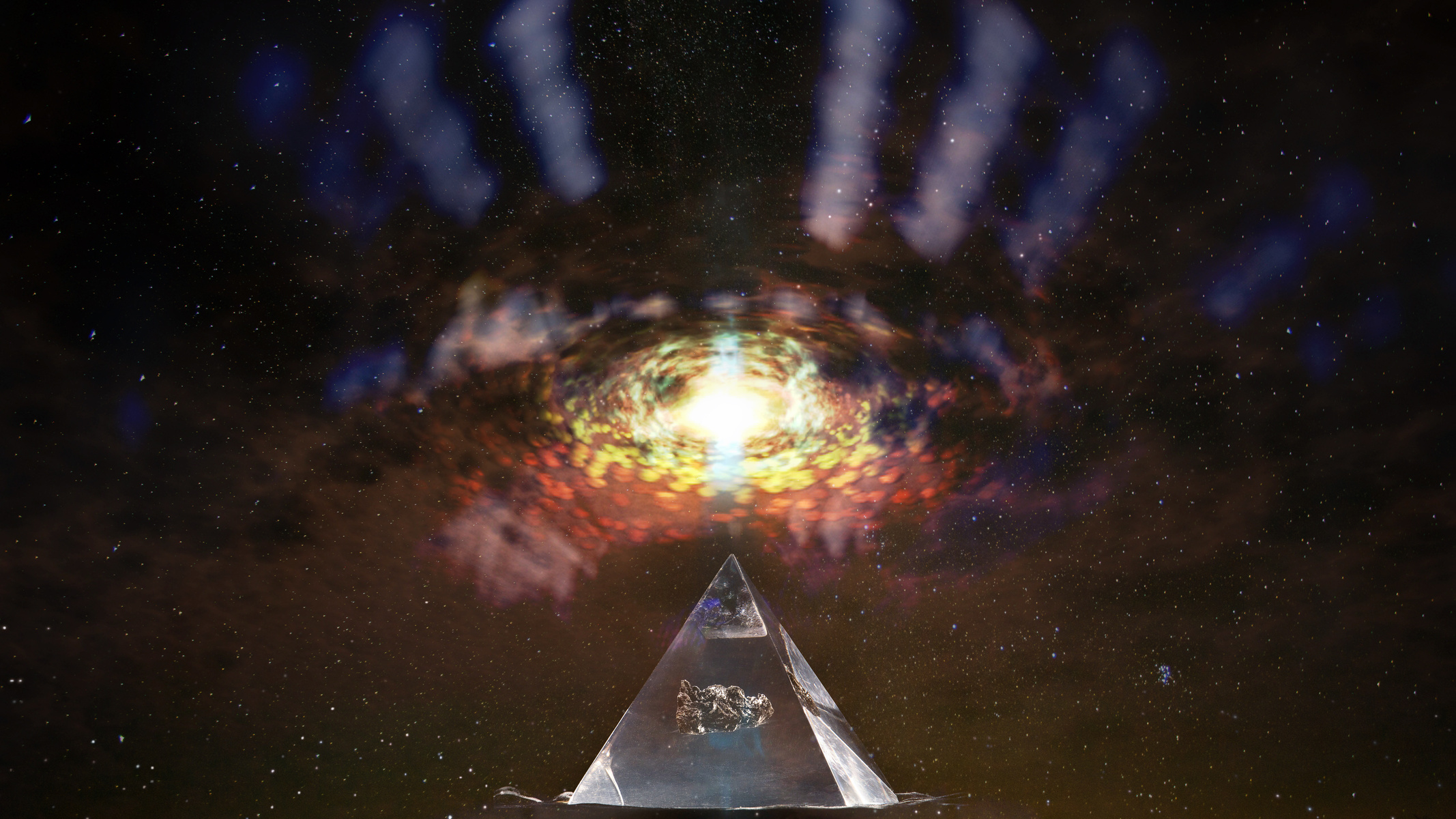 All seeing eye or Eye of Providence. Pyramid and eye above in a starry sky. Elements of this image furnished by NASA.